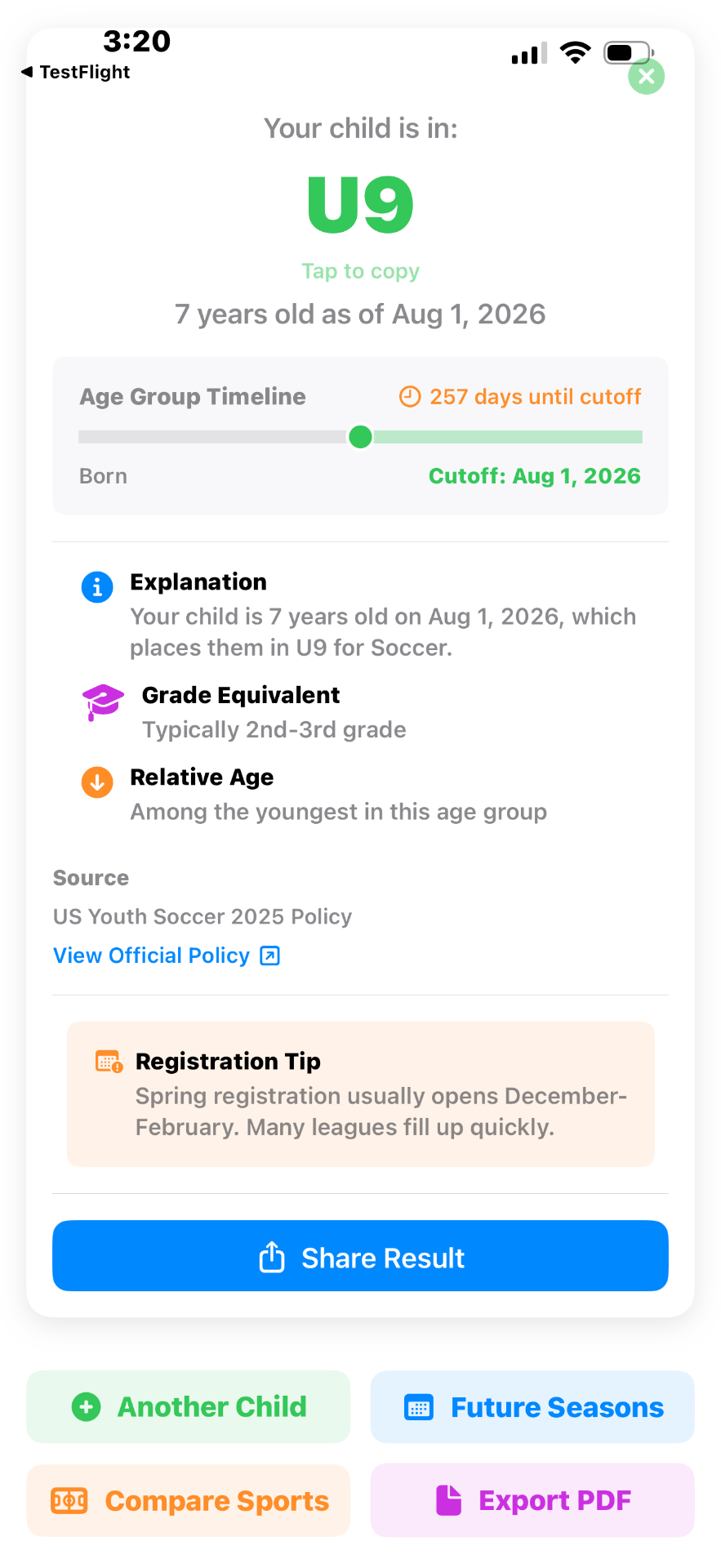 Detailed age group information with explanation and grade equivalent