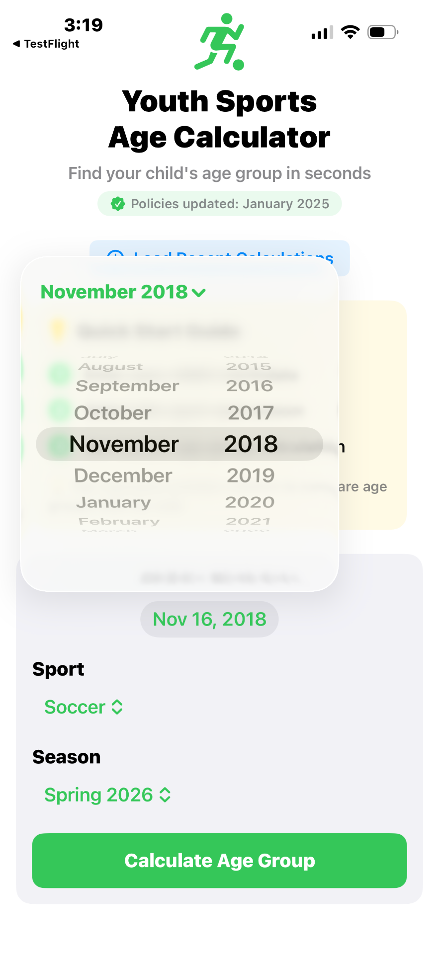 App home screen showing date picker, sport and season selection