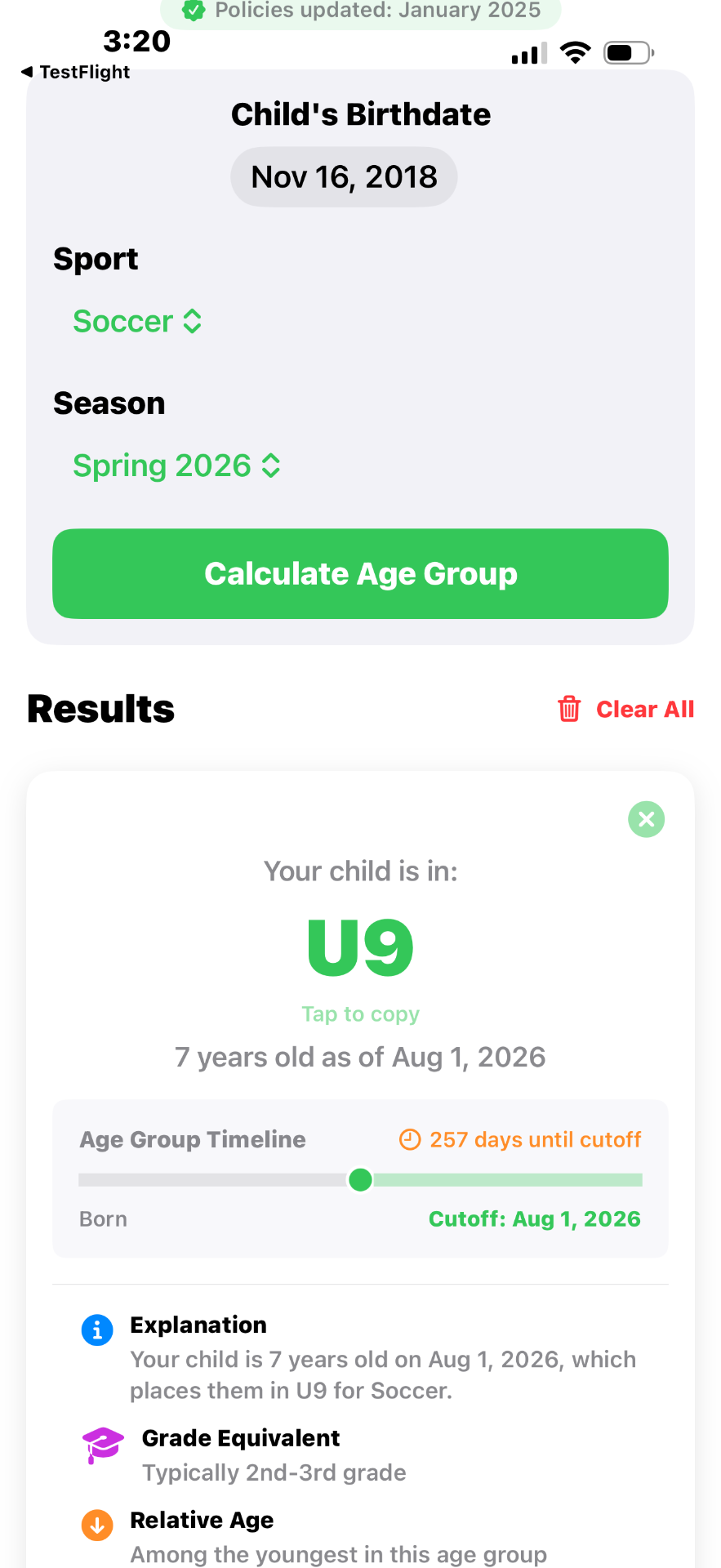 Results screen showing age group calculation with timeline